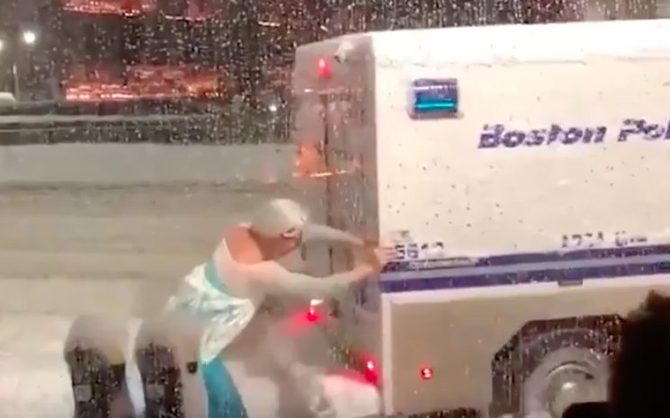 Boston police van gets stuck in nor'easter snow, but Elsa lets it go