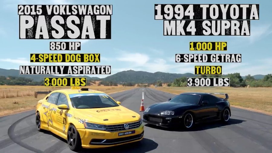 1,000 HP Toyota Supra Drag Races LS7-Powered VW Passat With 8-to-1 Exhaust